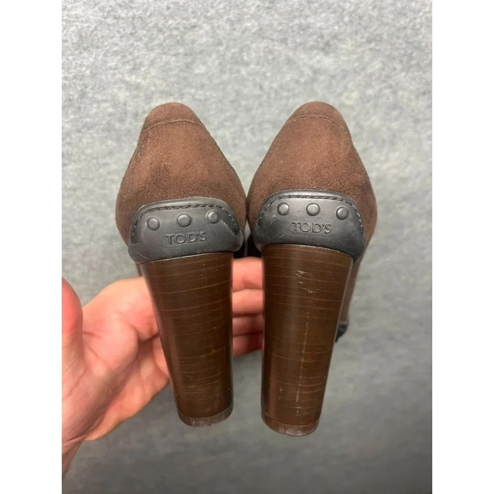 TOD'S Brown Suede Penny Loafer Block Heel Pumps Made in Italy Women's EU 39